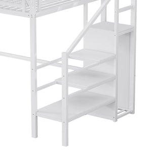 English Elm Twin Twin Size Loft Bed with Stairs and Built-In Shelves, Metal High Loft with Wardrobe for Kids Teens White W2580S00036