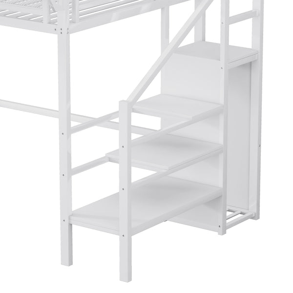 English Elm Twin Twin Size Loft Bed with Stairs and Built-In Shelves, Metal High Loft with Wardrobe for Kids Teens White W2580S00036