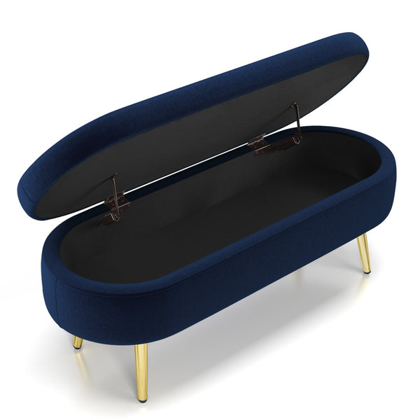 English Elm Ottoman Oval Flannel Storage Bench with Matte Metal Legs for Bedroom or Living Room Dark Blue W487P438630