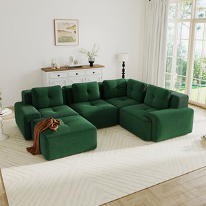 English Elm Modern Corduroy Sectional Sofa Deep Seat V Shape Tufted Couch with Movable Ottoman Green W714S01582