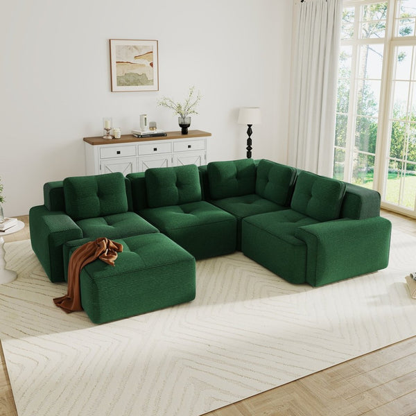 English Elm Modern Corduroy Sectional Sofa Deep Seat V Shape Tufted Couch with Movable Ottoman Green W714S01582