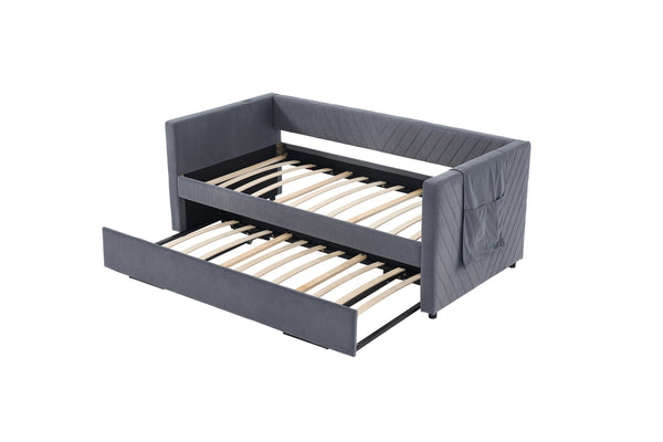 English Elm Twin Velvet Upholstered Daybed with Trundle, V-Pattern Backrest, USB Port, Side Pockets, Sturdy Design Grey W1361S00040