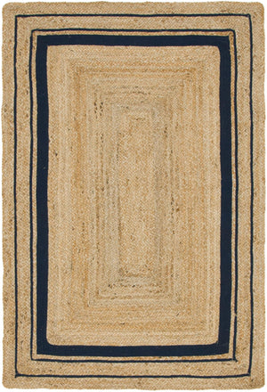 Unique Loom Braided Jute Gujarat Hand Woven Border Rug Natural and Navy Blue, Navy Blue 4' 1" x 6' 1"