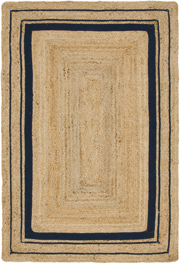 Unique Loom Braided Jute Gujarat Hand Woven Border Rug Natural and Navy Blue, Navy Blue 4' 1" x 6' 1"