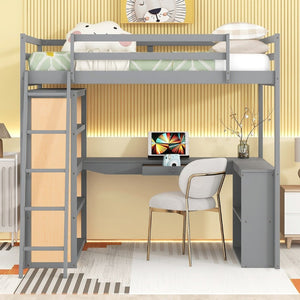 English Elm Full Size Loft Bed with Desk Shelves Writeable Board Pine Frame Gray Finish LT100226AAE-1