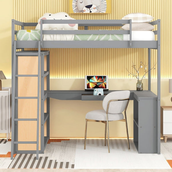 English Elm Full Size Loft Bed with Desk Shelves Writeable Board Pine Frame Gray Finish LT100226AAE-1