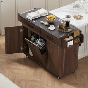 English Elm K&K Kitchen Island with Tilt-Out Trash Can, Drop Leaf Counter, Adjustable Shelf, Rolling Cart Walnut Brown WF326381AAZ