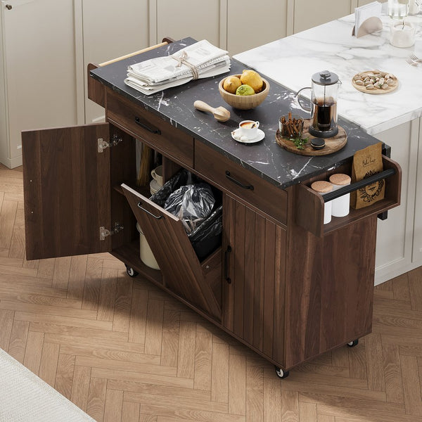 English Elm K&K Kitchen Island with Tilt-Out Trash Can, Drop Leaf Counter, Adjustable Shelf, Rolling Cart Walnut Brown WF326381AAZ
