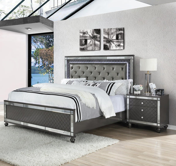 English Elm Modern Upholstered Headboard Queen Bed with Button Tufting, Glass Inlay & LED Lighting, Faux Leather Finish Elegance Gray 66 L x 47 W x 7 H B011S01215