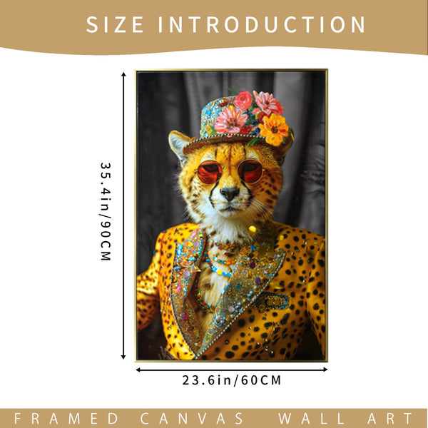 English Elm Abstract Cheetah Canvas Art in Gold Leopard Suit with Sunglasses and Flower Hat – Modern Wall Decor for Home Office W3374P322233