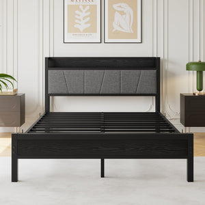 English Elm Queen Upholstered Storage Bed Frame with Charging Station, 11 Metal Slats, No Box Spring Needed W840P195212