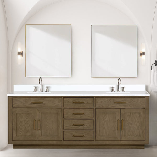 English Elm Grey Oak Double Bath Vanity Set With White Quartz Top & 36" Frameless Mirrors For Modern Elegance B2731S01559