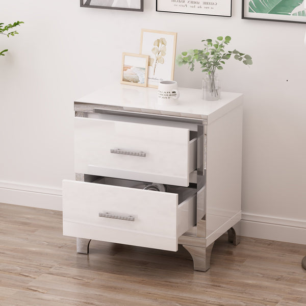 English Elm Elegant High Gloss Nightstand with Mirrored Accents and Metal Handle, 2-Drawer Modern Storage Table for Bedroom and Living Room, Sleek MDF Design White 26.77 L x 18.9 W x 11.22 H N733P205356K