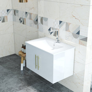 English Elm 30-Inch Sleek White Gloss Wall-Mounted Bathroom Vanity With Gold Handles & Soft-Close Doors, Easy Install W3151S00052