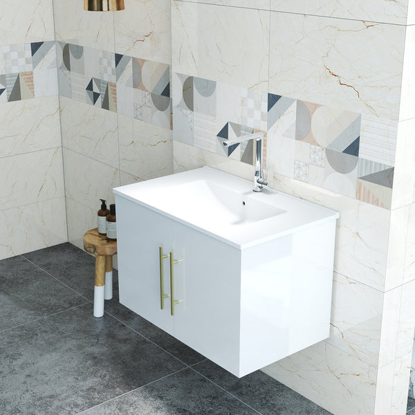 English Elm 30-Inch Sleek White Gloss Wall-Mounted Bathroom Vanity With Gold Handles & Soft-Close Doors, Easy Install W3151S00052