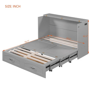 English Elm Full Size Murphy Wall Bed with Storage Drawers Usb Charging Ports and Pulley Mechanism Gray LP100670AAE