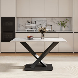 English Elm 55.12" Modern White Sintered Stone Dining Table With Black Metal X-Leg Base For 6 People, Stylish & Durable W1535S00537