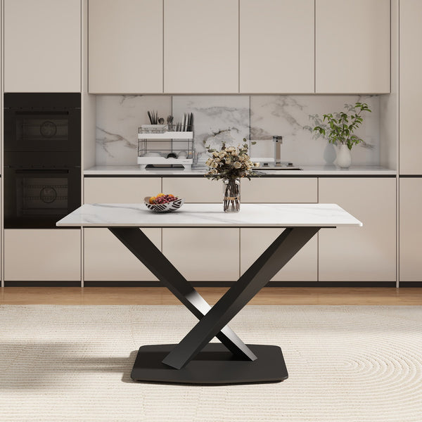 English Elm 55.12" Modern White Sintered Stone Dining Table With Black Metal X-Leg Base For 6 People, Stylish & Durable W1535S00537