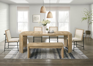 English Elm Massimo Six Piece Extendable Oak Dining Set with Bench and Cream Upholstered Chairs B2749S00305