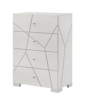 English Elm 1pc Modern Geometric Chest of Drawers with High-Gloss Finish, Sleek Hardware, Spacious Storage and Style White 34.3 L x 21.3 W x 47 H B2741P323488