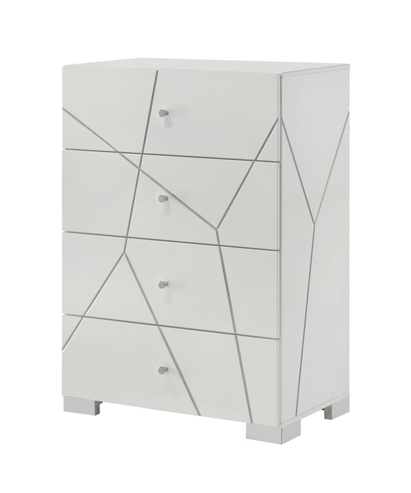 English Elm 1pc Modern Geometric Chest of Drawers with High-Gloss Finish, Sleek Hardware, Spacious Storage and Style White 34.3 L x 21.3 W x 47 H B2741P323488