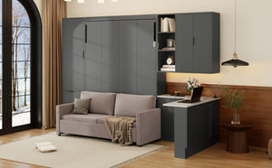 English Elm Queen Murphy Wall Bed Hydraulic Lift Velvet Sofa Built-in Shelves Led Studio Unit Dark Gray LP000392AAE