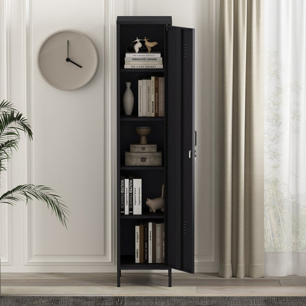 English Elm Naomi 15" Metal Storage Cabinet with Lockable Vent Door, 4 Adjustable Shelves, Slim Steel Design Black B365P397855