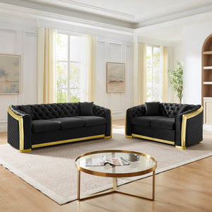 English Elm 2 Piece Chesterfield Velvet Sofa Set with Gold Steel Trim Tufted Living Room Suite Black W1191S00118