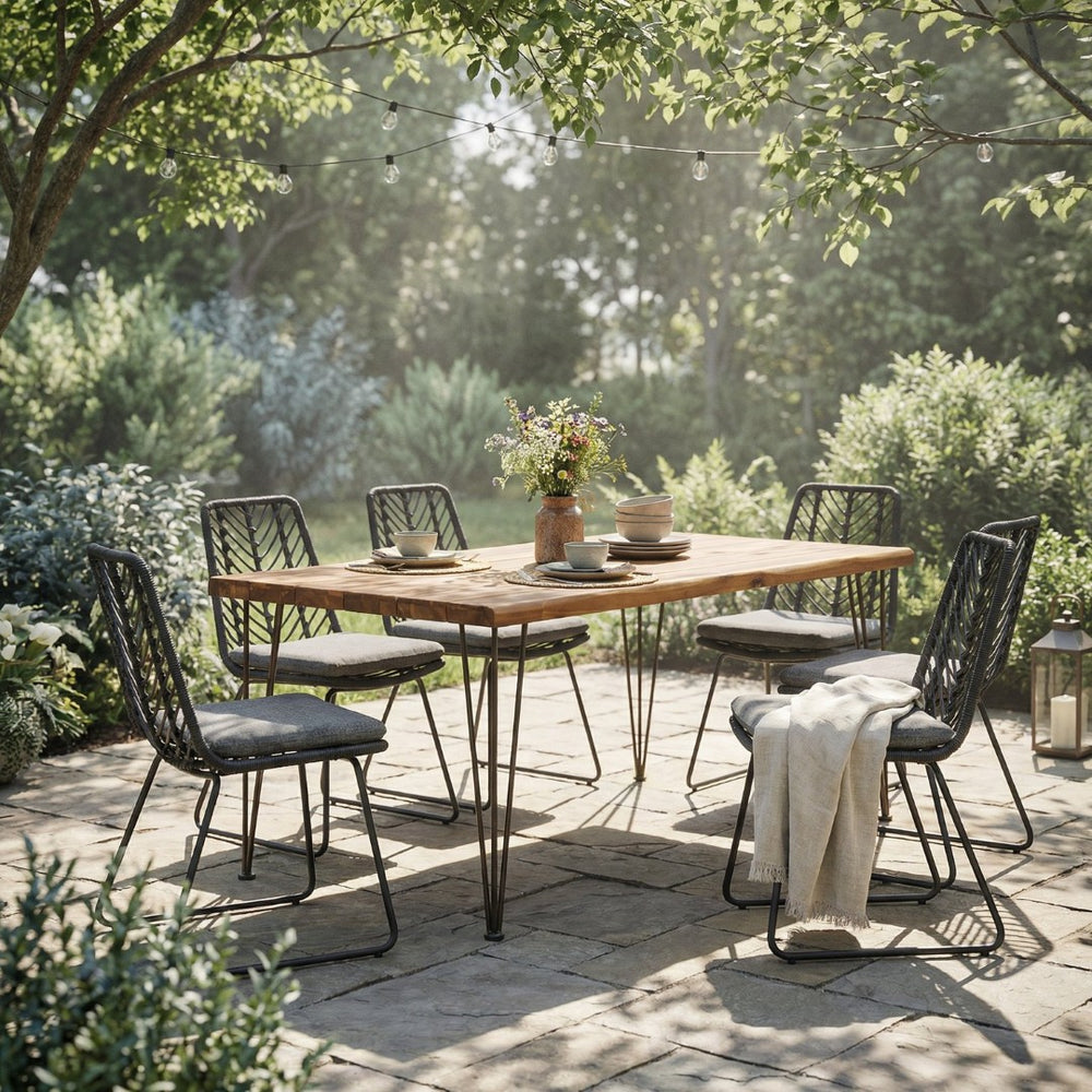 English Elm 7 Piece Outdoor Dining Set Acacia Wood Top Iron Hairpin Legs Pe Rattan Chairs Patio N762S000022AAE