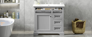 English Elm Christopher Knight Home® - 30" Bathroom Vanity with Sink Vintage Acacia Frame Ceramic Basin Soft-Close Doors & Storage Light Gray N759P313315E