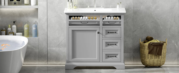 English Elm Christopher Knight Home® - 30" Bathroom Vanity with Sink Vintage Acacia Frame Ceramic Basin Soft-Close Doors & Storage Light Gray N759P313315E