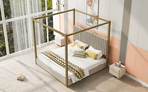 English Elm King Velvet Upholstered Four Poster Canopy Bed White Modern Bedroom Frame N7090002405A