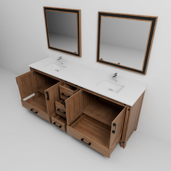 English Elm Rustic Barnwood Double Bath Vanity 84" W x 22" D with White Quartz Top, Chrome Faucets & 34" Mirrors B2731S01137