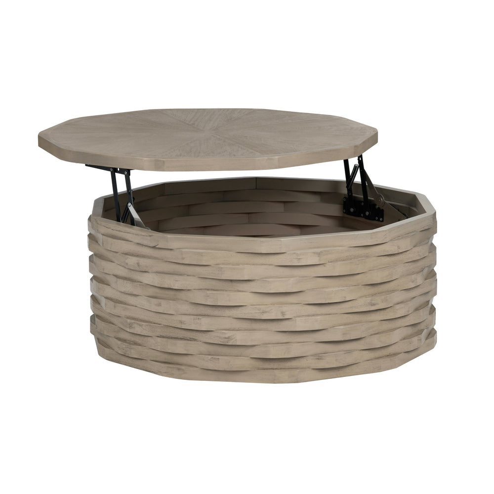 Crestview Collection Transitional Round Cocktail Table - Sculptural Bayur Wood Design With Lift-top Storage Solution Tan Solid Wood Cvfdr1220