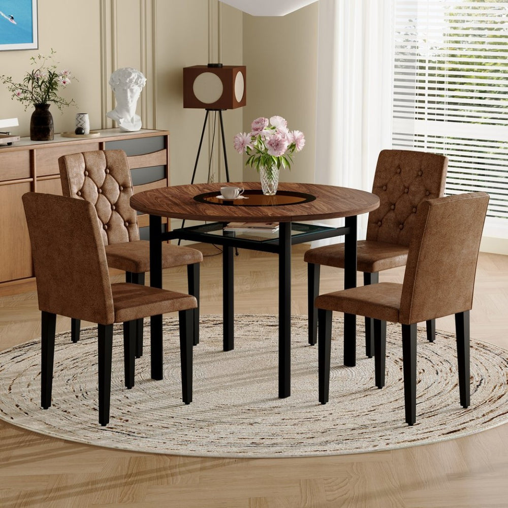 English Elm 42 Inch Round Dining Set Mdf Wood Grain Table with Tufted Suede Chairs for Four W1151S04474