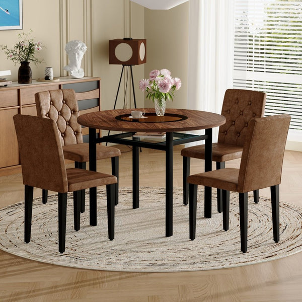 English Elm 42 Inch Round Dining Set Mdf Wood Grain Table with Tufted Suede Chairs for Four W1151S04474