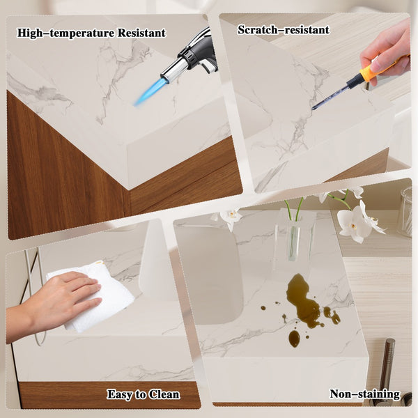 English Elm 29.9" Floating Bathroom Vanity Sintered Stone Top Soft Close Drawers Bronze Gold Hardware W3136S00041