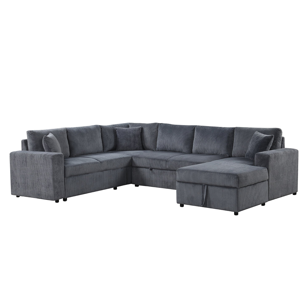 English Elm Corduroy Ultra-Soft Sleeper Sectional Sofa with Right-Facing Storage Chaise and Removable Throw Pillows, Gray Plush B016S00050