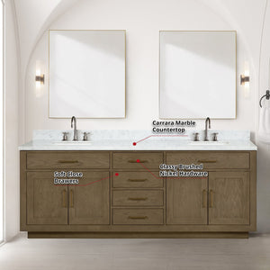English Elm Grey Oak Double Bath Vanity With Carrara Marble Top, Chrome Faucets & Mirrors - Elegant Storage Solution B2731S01820