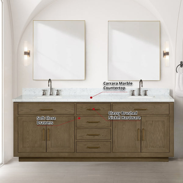 English Elm Grey Oak Double Bath Vanity With Carrara Marble Top, Chrome Faucets & Mirrors - Elegant Storage Solution B2731S01820