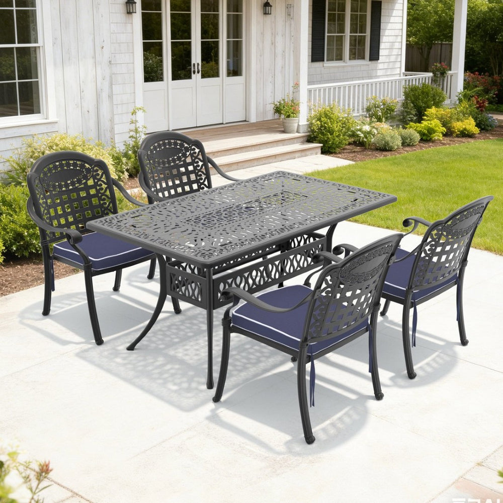 English Elm 5-piece Cast Aluminum Outdoor Dining Set with Ornate Relief Patterned Stackable Chairs W1710S00639