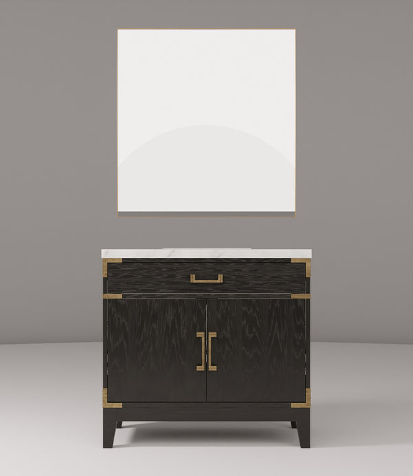 English Elm Black Oak Single Bath Vanity With Carrara Marble Top And 34-Inch Mirror – Elegant Storage Solution! B2731S02125