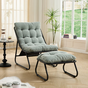 English Elm Patio Steel Sling Recliner with Corduroy Cushion and Ottoman for Indoor Outdoor Use W640P443496