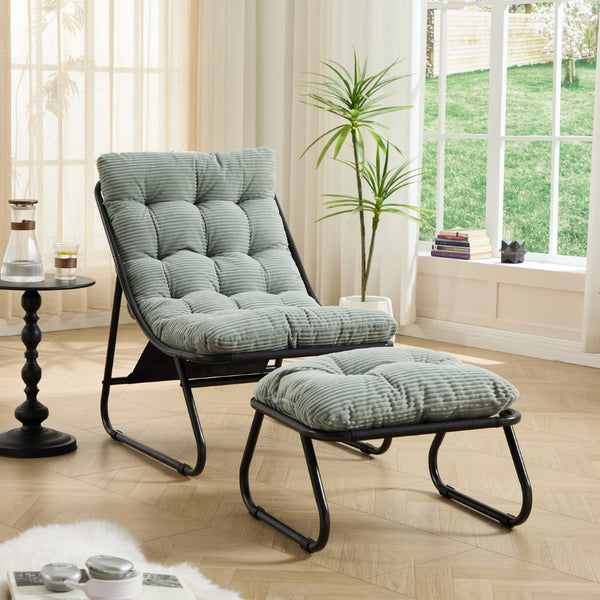 English Elm Patio Steel Sling Recliner with Corduroy Cushion and Ottoman for Indoor Outdoor Use W640P443496