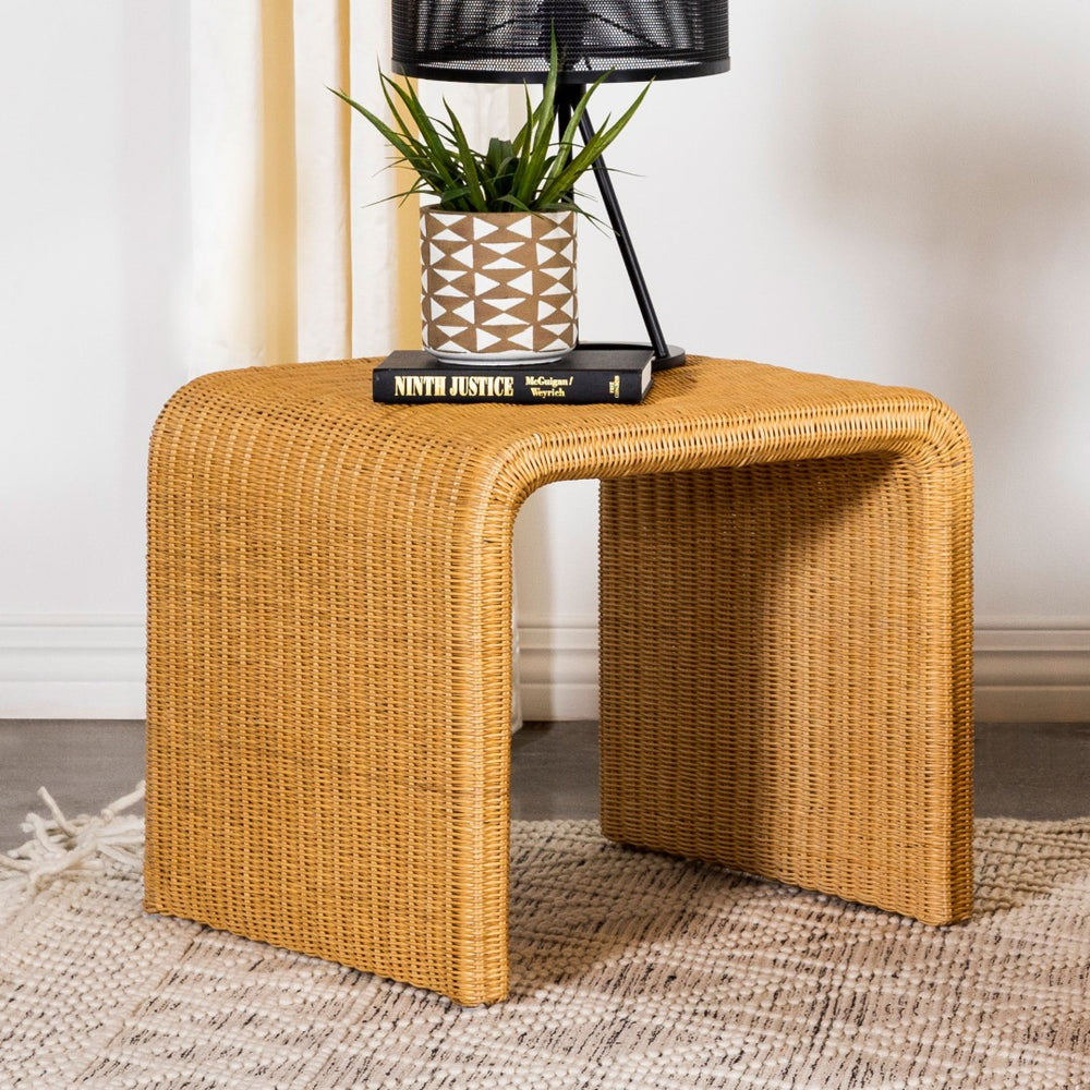 English Elm Gage Woven Rattan Square End Table with Metal Base for Boho Living Spaces B062P440459
