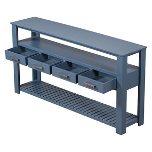 English Elm U_style Wide Painted Console Table Four Drawers Open Shelves Foyer Living Room Navy Blue N711P410406V
