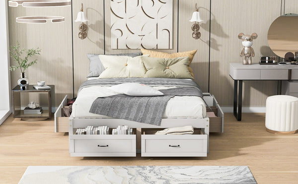 English Elm Queen Platform Bed with Six Storage Drawers Low Profile Frame for Modern Bedrooms Antique White N708P263022K-1
