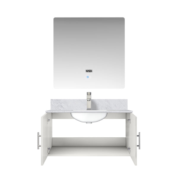 English Elm Glossy White Bath Vanity With Carrara Marble Top, Led Mirror & Faucet Set - Modern Style Upgrade B2731S01315