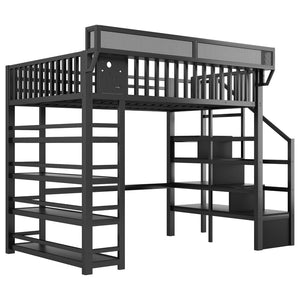 English Elm Full Metal Loft Bed with Stair Storage Rgb Lighting and Charging Station for Teens Black W2580S00074