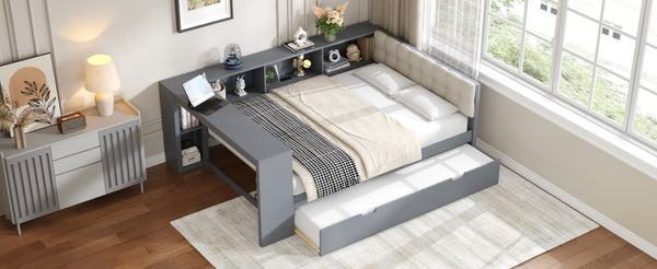 English Elm Wood Twin Platform Bed Linen Headboard Storage Shelves Trundle Charging Station Gray N709P004024E
